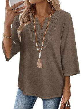 Women's Tops Coffee 3/4 Length Sleeve Boho V Neck Lace Casual Vacation Clothes